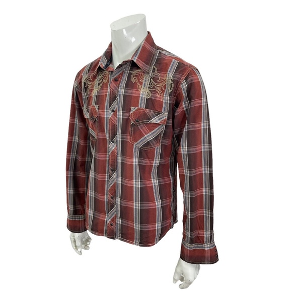 Ely Cattleman 1878 Snap Western Rockabilly Embroidered Shirt Rust Plaid Mens XL - Picture 1 of 11